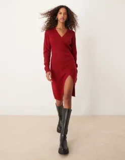 Glamorous Knitted Wrap Midi Dress In Red Ochre For Women