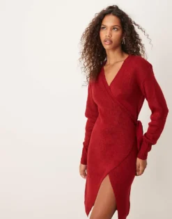 Glamorous Knitted Wrap Midi Dress In Red Ochre For Women -Glamorous Shop 206918260 4
