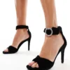 Glamorous Stiletto Heeled Sandals With Embellished Buckle In Black Velvet For Women