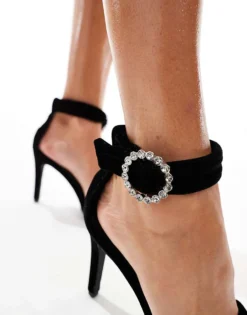 Glamorous Stiletto Heeled Sandals With Embellished Buckle In Black Velvet For Women -Glamorous Shop 206959340 4
