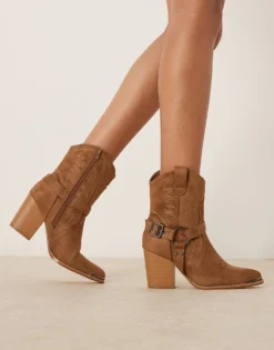 Glamorous Western Heeled Ankle Boots In Taupe Micro For Women