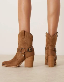 Glamorous Western Heeled Ankle Boots In Taupe Micro For Women -Glamorous Shop 206959371 4