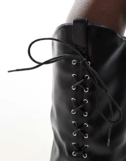 Glamorous Foldover Western Heeled Knee Boots With Lace Up Bow In Black For Women -Glamorous Shop 206959379 3