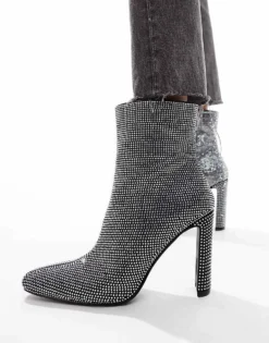 Glamorous Heeled Ankle Boots In Silver Embellished For Women -Glamorous Shop 206959387 3