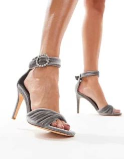Glamorous Stiletto Heeled Sandals With Embellished Buckle In Grey Velvet For Women -Glamorous Shop 206959420 1 grey 1