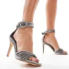 Glamorous Stiletto Heeled Sandals With Embellished Buckle In Grey Velvet For Women