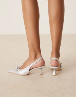 Glamorous Slingback Kitten Heels With Bow In Silver Embellished For Women -Glamorous Shop 206959451 3