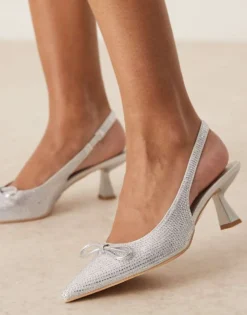 Glamorous Slingback Kitten Heels With Bow In Silver Embellished For Women -Glamorous Shop 206959451 4