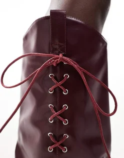 Glamorous Foldover Western Heeled Knee Boots With Lace Up Bow In Burgundy For Women -Glamorous Shop 206959475 3
