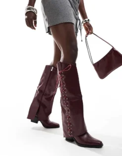 Glamorous Foldover Western Heeled Knee Boots With Lace Up Bow In Burgundy For Women -Glamorous Shop 206959475 4