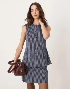 Glamorous Button Up Fitted Waistcoat In Dark Navy Stripe Co-ord For Women -Glamorous Shop 207162448 1 darknavystripe 1