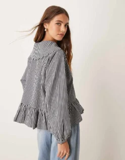 Glamorous Poplin Oversized Collared Shirt With Peplum Hem And Tie Keyhole Detail In Navy For Women -Glamorous Shop 207162482 3