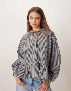 Glamorous Poplin Oversized Collared Shirt With Peplum Hem And Tie Keyhole Detail In Navy For Women -Glamorous Shop 207162482 4