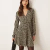 Glamorous Long Sleeve V Neck Mini Dress In Black And Yellow Ditsy Floral For Women Multi Floral