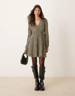 Glamorous Long Sleeve V Neck Mini Dress In Black And Yellow Ditsy Floral For Women Multi Floral -Glamorous Shop 207162506 4