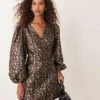 Glamorous V Neck Balloon Sleeve Mini Dress With Front Wrap In 70's Black Floral For Women Black Multi