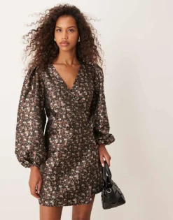Glamorous V Neck Balloon Sleeve Mini Dress With Front Wrap In 70's Black Floral For Women Black Multi