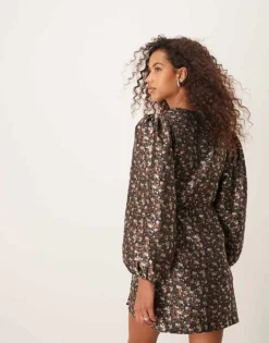 Glamorous V Neck Balloon Sleeve Mini Dress With Front Wrap In 70's Black Floral For Women Black Multi -Glamorous Shop 207162519 4