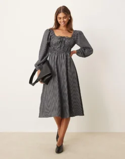Glamorous Tie Front Volume Sleeve Shirred Maxi Dress In Grey And Black Stripe For Women Grey Black