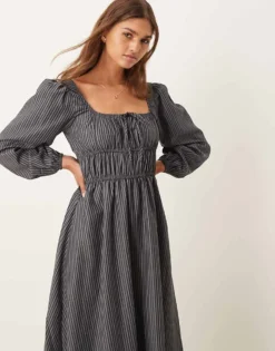Glamorous Tie Front Volume Sleeve Shirred Maxi Dress In Grey And Black Stripe For Women Grey Black -Glamorous Shop 207162532 3