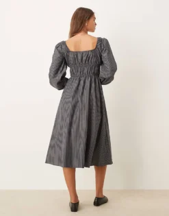 Glamorous Tie Front Volume Sleeve Shirred Maxi Dress In Grey And Black Stripe For Women Grey Black -Glamorous Shop 207162532 4