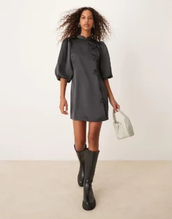 Glamorous Short Puff Sleeve Mini Dress With Side Tie Detail In Black For Women Dark Slate Grey