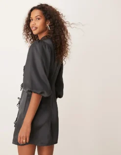 Glamorous Short Puff Sleeve Mini Dress With Side Tie Detail In Black For Women Dark Slate Grey -Glamorous Shop 207162553 3