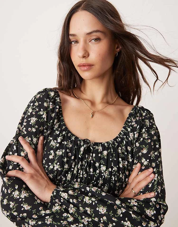 Glamorous Tie Front Volume Sleeve Maxi Dress In Romantic Boho Floral For Women Black/peach Floral 3 Glamorous Tie Front Volume Sleeve Maxi Dress In Romantic Boho Floral For Women Black/peach Floral - Image 3