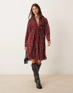 Glamorous Smock Chuck On Dress With Bow Tie Front In Burgundy Navy Stripe For Women -Glamorous Shop 207162570 1 stripe 1
