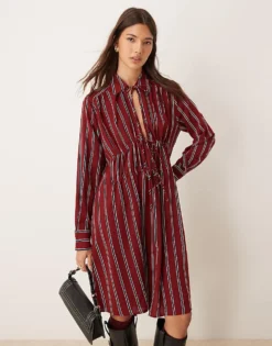 Glamorous Smock Chuck On Dress With Bow Tie Front In Burgundy Navy Stripe For Women -Glamorous Shop 207162570 4