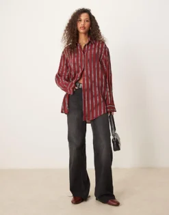 Glamorous Oversized Stripe Shirt In Burgundy And Navy For Women Burgundy/navy -Glamorous Shop 207162595 3