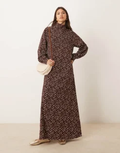 Glamorous High Neck Maxi Dress In Brown Floral For Women