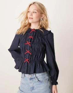 Glamorous Crinkle Long Sleeve Top With Red Tie Front Bows In Navy For Women