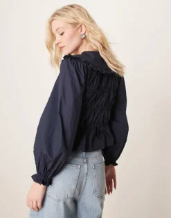 Glamorous Crinkle Long Sleeve Top With Red Tie Front Bows In Navy For Women -Glamorous Shop 207162621 3