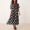 Glamorous Smock Dress With Puff Sleeves In Black And White Polka Dot For Women Black/white