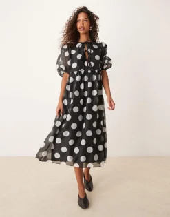 Glamorous Smock Dress With Puff Sleeves In Black And White Polka Dot For Women Black/white