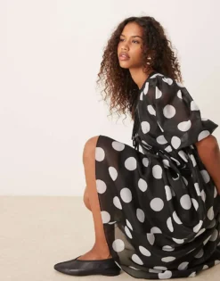 Glamorous Smock Dress With Puff Sleeves In Black And White Polka Dot For Women Black/white -Glamorous Shop 207162642 4