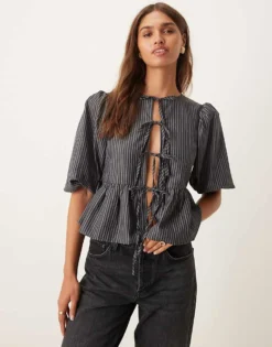 Glamorous Poplin Tie Front Peplum Blouse With Puff Sleeves In Grey Black Stripe For Women Grey/black -Glamorous Shop 207162663 1 greyblack 1
