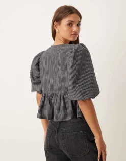 Glamorous Poplin Tie Front Peplum Blouse With Puff Sleeves In Grey Black Stripe For Women Grey/black -Glamorous Shop 207162663 3