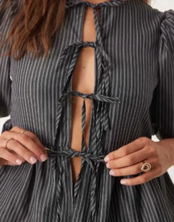 Glamorous Poplin Tie Front Peplum Blouse With Puff Sleeves In Grey Black Stripe For Women Grey/black -Glamorous Shop 207162663 4