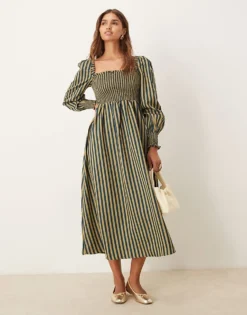 Glamorous Shirred Midi Dress With Puff Sleeves In Navy Yellow Stripe For Women Navy/yellow Stripe