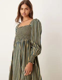 Glamorous Shirred Midi Dress With Puff Sleeves In Navy Yellow Stripe For Women Navy/yellow Stripe -Glamorous Shop 207162685 3