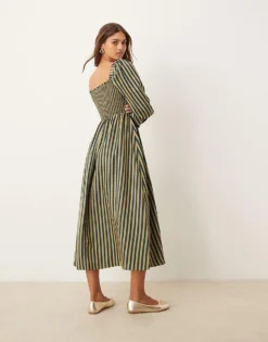 Glamorous Shirred Midi Dress With Puff Sleeves In Navy Yellow Stripe For Women Navy/yellow Stripe -Glamorous Shop 207162685 4