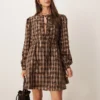 Glamorous Long Sleeve Mini Smock Dress With Front Ties In Pink Brown Check For Women Pink/brown Check