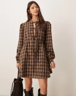 Glamorous Long Sleeve Mini Smock Dress With Front Ties In Pink Brown Check For Women Pink/brown Check