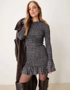 Glamorous Shirred Mini Dress In Blue Check For Women -Glamorous Shop 207162726 1 bluecheck 1