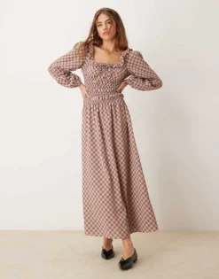 Glamorous Tie Front Square Neck Volume Sleeve Maxi Dress With Shirring And Bow In Red Check For Women -Glamorous Shop 207162727 1 redcheck 1