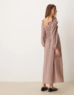 Glamorous Tie Front Square Neck Volume Sleeve Maxi Dress With Shirring And Bow In Red Check For Women -Glamorous Shop 207162727 3