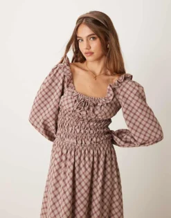 Glamorous Tie Front Square Neck Volume Sleeve Maxi Dress With Shirring And Bow In Red Check For Women -Glamorous Shop 207162727 4