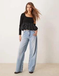 Glamorous Square Neck Long Sleeve Top With Puffball Hem In Black Polka Dot For Women Black/cream -Glamorous Shop 207162760 1 blackcream 1